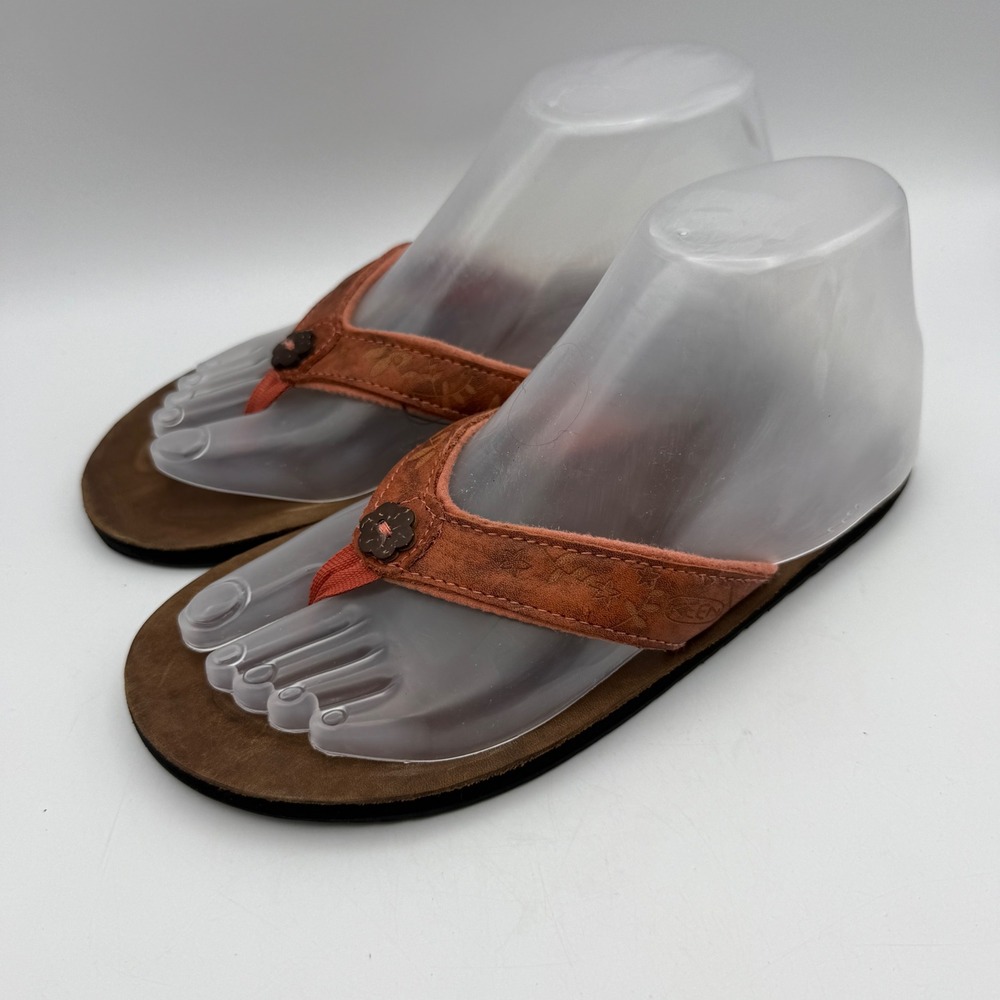KEEN Thong Sandals Womens Size 7 Orange Brown Leather Floral Button Flip Flops
